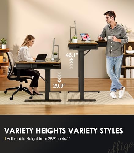 Image of OffiGo 55 Inch L Shaped Electric Standing Desk with 4 Drawers, Rustic Brown | Reversible Corner Table, Office Desk With 4 Drawers and Outlets For Home Office, Computer Workstation And Sit Stand Use