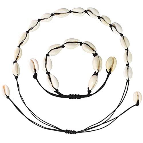 Disnace Collier et Bracelet de Cheville en Coquillage, Naturelles Bracelet de Cheville en Coquillage, Bracelet de Cheville à la Main Tissage Coquille Tortue Perlée pour Femme et Homme (Noir) Cover