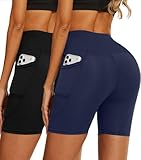 Yutdeng Mallas Deporte Mujer Cortas Leggins Cortos Antirozaduras Pantalon Ciclista Shorts Deportivos Cintura Alta con Bolsillos Mayas Deportivas Ciclismo Yoga Fitness Vientre Plano,Negro Azul,S-M