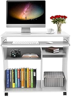 Yaheetech Wood Small Computer Desk PC Laptop Workstation with Sliding Keyboard Tray and Storage Shelves on Wheels White 80.1x48.1x76.2cm