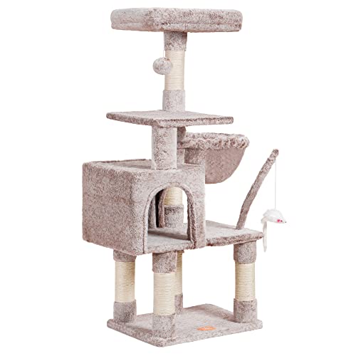 Image of Heybly Cat Tree with Toy, 43.3 inch Cat Tower for Indoor Cats HCT004SMU | Cat Condo with Durable Sisal Scratching Posts, Cat House with Padded Plush Perch, Cozy Hammock, Rosy Brown