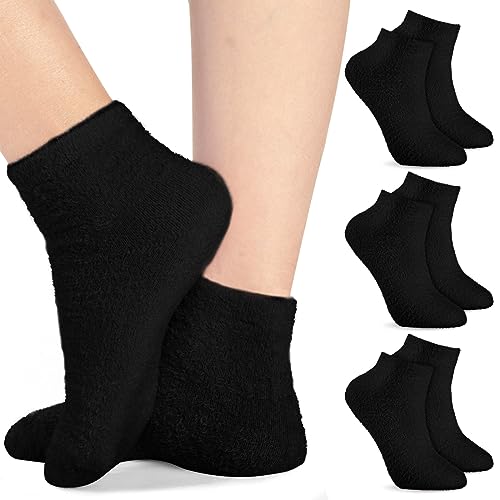 Janmercy 3 Pairs Aloe Socks Moisturizing Spa Infused Gel Sleeping Fuzzy Dry Feet Non Slip Lotion Socks for Women Men Repairing Softening Dry Cracked(Black)