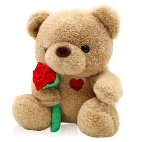 QIGEEKU Teddybär, Teddy mit Rose 25cm, Plüsch-Bär Teddy Kuscheltier, Muttertagsgeschenke für Mama, Süßer Stoffbär Spielzeug, Freundin, Kinder zu Valentinstag, Geburtstag