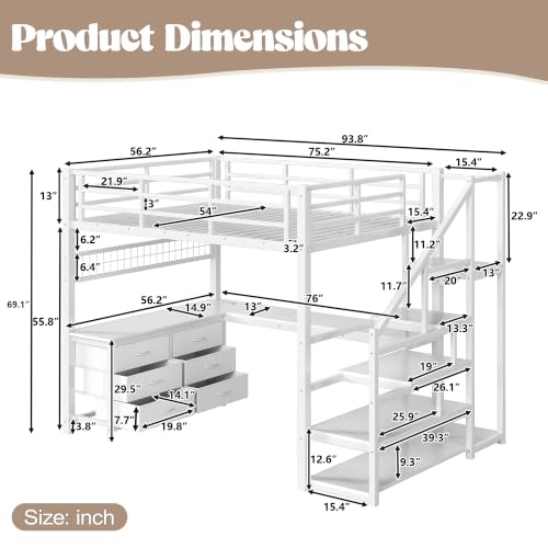 Image of Bellemave Full loft Bed with Storage Stairs, Wardrobe, Shelves, Metal Full Loft Bed Frame for Adults, Kids, Teens, White
