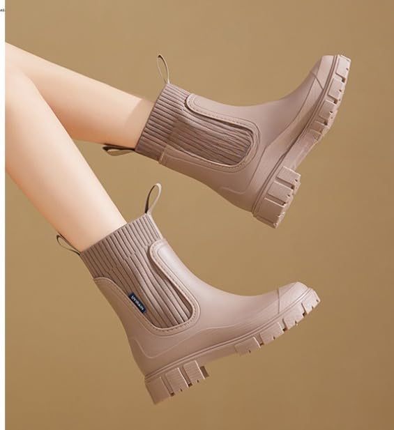Waterproof Non-Slip Thick Sole Mid-Calf Boots, Ankle Rain Boots for Women, Outdoor Garden Rain Shoes Elastic Mouth Slip-On Soft Outsole Rain Boots