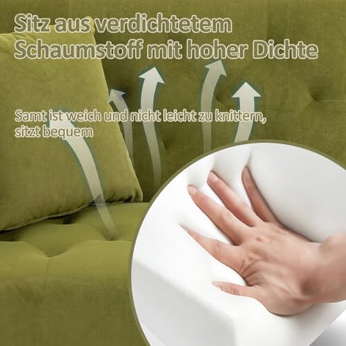 Aksamitna sofa, 2-osobowa sofa, elastyczna sofa, rozkładana sofa, pikowana sofa z podłokietnikami w nowoczesnym stylu, do małego mieszkania, pokoju gościnnego, sypialni,Green