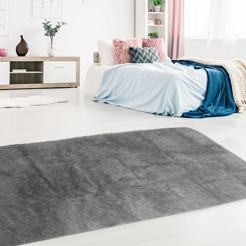 Jumua Rugs Living Room, Grey Area Rugs for Bedroom Anti Slip Large Shaggy Soft Rug Fluffy Modern Floor Carpets Mat Beside Rugs Washable for Kids Living Room, 60x220cm