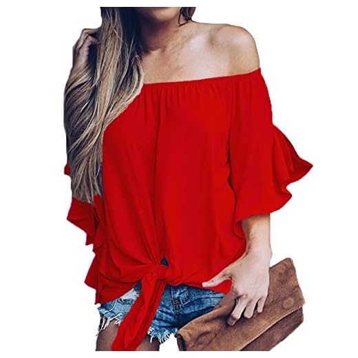 LuckyMore Womens Striped Off Shoulder Bell Sleeve Shirt Tie Knot Summer Blouses Tops (M, A-Red)