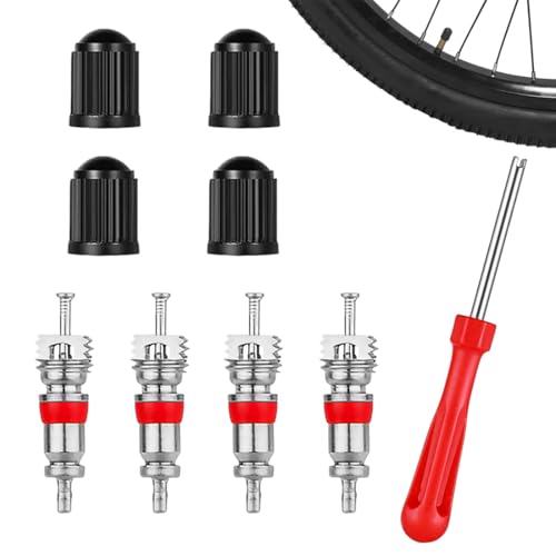 MUNZE Obus Valvula, 1 Llave Extractor + 4 Tapas Y 4 Obturadores Para Neumáticos, Herramienta Universal Para Coche Moto Bicicleta Camión (Rojo)
