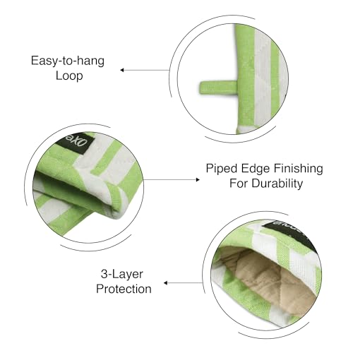 Image of Encasa XO Oven Gloves for Microwave (2 pc Set) - Heat Proof, Thick & Safe | Longer 18x30 cm Mittens for Protection in Kitchen Cooking & Baking - Franca Lime Stripes