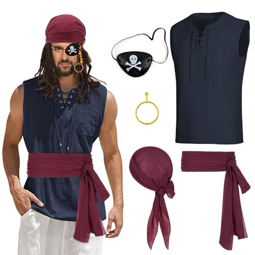 QIHPUSIEN Pirate Costume Set Pirate Vest Medieval Shirt Halloween Costume Mens Renaissance Costumes