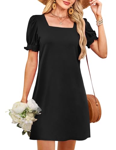 Image of RUMIA Summer Dresses for Women 2025 Casual Cute Square Neck Puff Short Sleeve Dress with Pockets