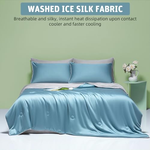 Image of HASTHIP Cooling Duvet Quilt for Double Bed King Size - 200x230cm Cooling Bedding Set Quilt AC Blanket for Double Size Bed Reversible Super Soft Microfiber Blanket - Grey & Blue