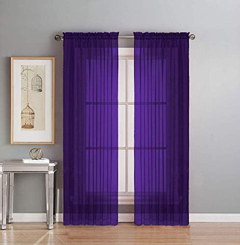 2 Piece Fully Stitched Sheer Voile Window Panel Curtain Drape Set (84" Long, Purple)