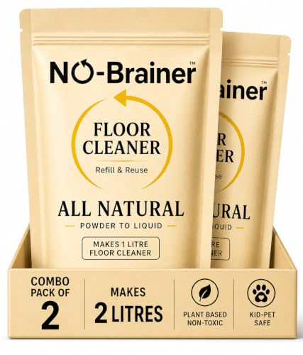 Image of No Brainer Plant-Based Floor Cleaner Concentrate Powder, Phenyl Alternative | Powder-to-Liquid, 2 Pouches Make 2 Litres, Citrus Fresh | Marble, Tiles, Wood, No Plastic Waste | Baby & Pet Safe
