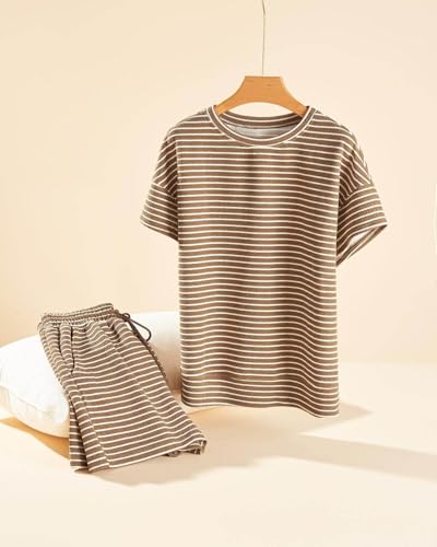 Image of Tankaneo Womens Pajama Sets Striped 2 Piece Lounge Sets Short Sleeve Oversized T Shirts Drawstring Shorts Matching Set