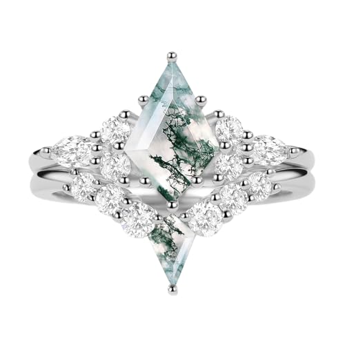 1CT/1.5CT/2CT Moss Agate Wedding Ring Set - Pear/Kite/Princess/Hexagon Cut Moss Agate Bridal Sets Wedding Rings White Yellow Rose 10K 14K 18K Gold Art Deco Anniversary Promise Ring Set