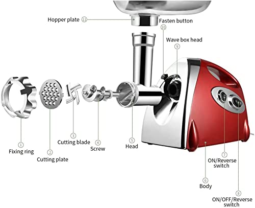 Electric Meat Grinder and Duty Household Sausage Maker Meats Mincer Food Grinding Mincing Machine with Kibbe Attachement – Powerful 2800W Copper Motor(Red) - 7