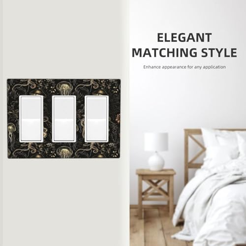 Decorative Outlet Covers Black Gold Jellyfish Squid Deep Sea Creatures 3 Gang Outlet Cover Wall Plate Triple Rocker Light Switch Cover Plate Switch Plate Covers for Bedroom Home Decor