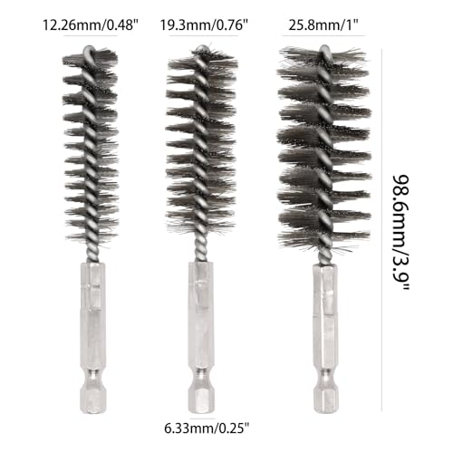 Image of 6 Pcs Bore Brush for Drill, 1 /4 inch Hex Shank Stainless Steel Twisted Wire Brush for Drill, Bristle Round Wire Brush with Different Sizes, Tube Pipe Cleaner for Rust (Diameter 12,19,25mm)