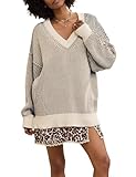 ZOCPEONY Women's Striped Sweaters Oversized Sweater V Neck Drop Shoulder Long Sleeve Loose Fit Knit Pullover Tops(Grey-S)