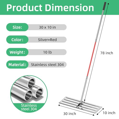 6.5FT Extra Long Handle Yard Leveling Rake, 30" x 10" Stainless Steel Lawn Leveling Rake 30 inch, Professional Soil Leveler for Golf Courses, Pastures & Residential Lawns, Silver — view 2