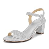 mysoft Sandalias de tacón bajo para mujer, puntera abierta, correa al tobillo, tacón grueso, cómodas, clásicas, elegantes, para bodas, fiestas, eventos, Escarcha plateada, 37 EU Ancho