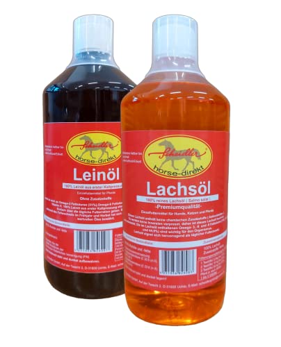 Horse-Direkt Premium Lachsöl & Leinöl je 1 Liter Für Hunde & Katzen - Ohne Zusatz, Fischöl Mit Omega -3 und Omega -6 Fettsäuren, Barf Öl Ergänzung, Leckeres Naturprodukt Cover