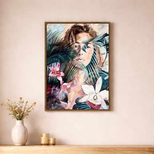 Image of Tropical Botanical Woman Portrait Framed Canvas Painting For Living Room | Modern Floral Abstract Female Wall Art For Livingroom Wall Decor, Home Decor, Bedroom, Hallway's, Office, Hotel - 43x58 cm