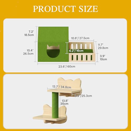 Image of DWVO Cat Wall Shelves and Perches for Wall, Solid Wood Wall Mounted Cat Furniture, Set of 7 Cats Climbing Shelves for Large Cats with Green Wall House and Fence, Steps, Scratching Posts