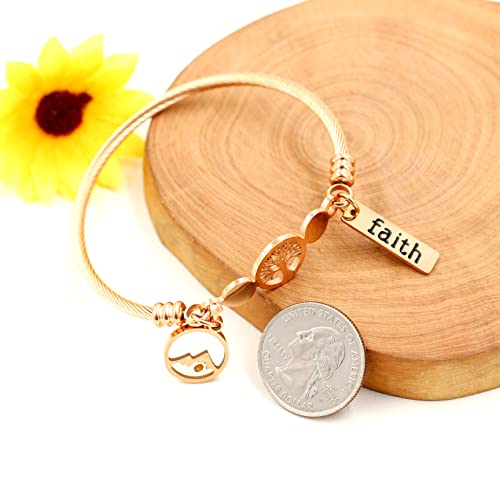 Uloveido Rose Gold Plated Cable Rope Bangle Stainless, Tree of Life Faith Bracelets with Round Mountain Mustard Seed Charm Y1029 (Round Mountain)