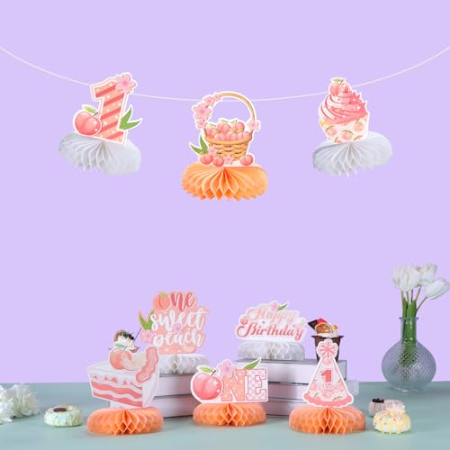 Image of 9pcs Peach One Birthday Honeycomb Centerpieces First Birthday Party Table Decorations Sweet ONE Peach Tabletop Centerpieces Baby Shower First Birthday Table Topper Sign Decorations