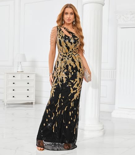 Image of Cololura Women Sequin Elegant Sexy One Shoulder Tassel Mermaid Bodycon Cocktail Evening Dress