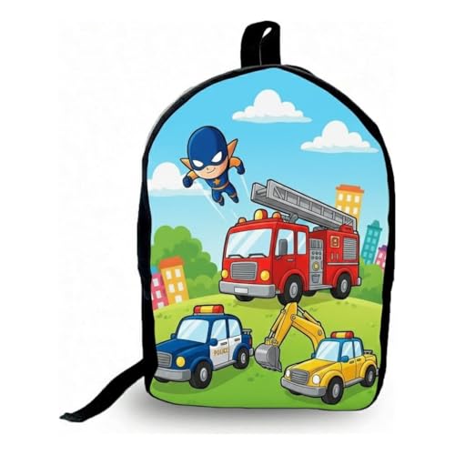 Mochila Infantil com Estampa de Veículos de Emergência e Super-Herói, Design Colorido com Caminhão de Bombeiros, Carro de Polícia e Escavadeira