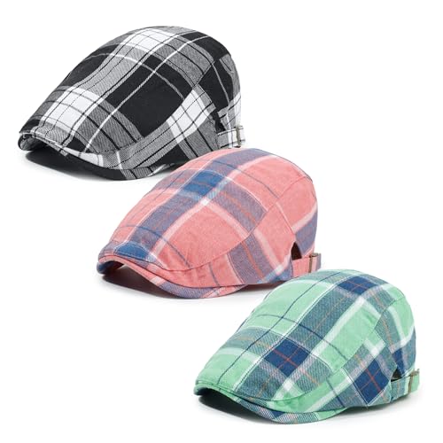Image of 3Pcs Men's Newsboy Caps Cotton Cooling Hat Adjustable Flat Cap for Men