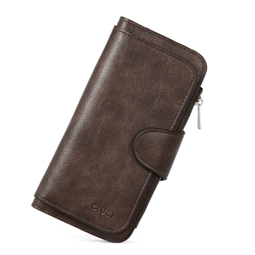 Image of CLUCI Wallet For Women PU Leather RFID Blocking Womens Wallet Bifold Card Holder with ID Window Gifts for Women Birthday, Oil wax Two-toned Coffee, Large, Fashion
