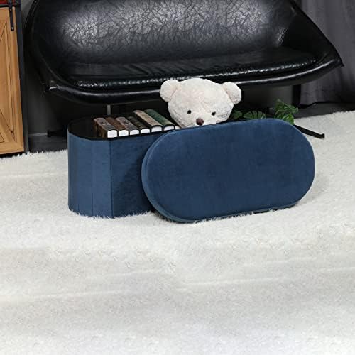 Bonlife Blue Velvet Ottoman Storage Bench with Seat,Foldable Stool Living Room Furniture,Oval Large Toy Box Storage Chest with Lid,76x38x38cm