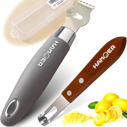 HAMOER Citrus Lemon Zester & Channel Knife Tool for Kitchen Bar, Stainless Steel Blade, Ergonomic Design, Wooden Handle & Rubber & Plastic Handle Set Tool