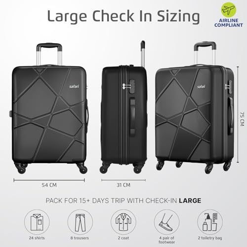 Image of Safari Polypropylene Pentagon Hardside Large Size Check-in Luggage Speed Wheel 8 Wheel Suitcase Trolley Bags for Travel Black Color 75Cm