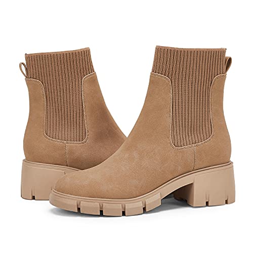 Image of Ruanyu Womens Platform Ankle Boots Elastic Chunky Block Heel Chelsea Booties Lug Sole Non-Slip Combat Shoes