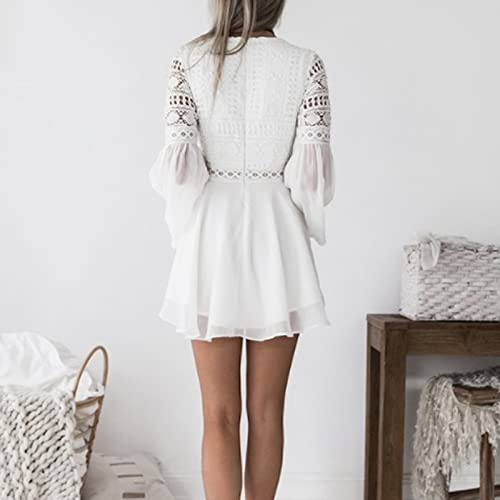 Lace Dresses For Women, Summer Elegant Casual Hollow Out Crochet Mini Dress Empire Waist Lace Up Flowy Swing Dress, Ladies Plunge V-Neck Long Bell Sleeve Fit And Flare Dress(White,Small) #TOP2
