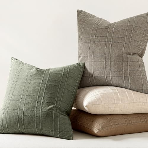 Image of MIULEE Decorative Linen Check Throw Pillow Covers Neutral Farmhouse Vintage Spring Pillow Covers 18x18 Set of 2 Boho Modern Home Decor for Sofa Couch Bedroom Cushion Olive Green