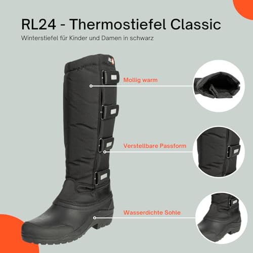 RL24 - Kinder & Damen Thermostiefel Classic schwarz | wasserdichte Winterstiefel | mit Klettverschlüssen für verstellbare Wadenbreite | gefütterte Schneestiefel | Reitstiefel in Größe 41