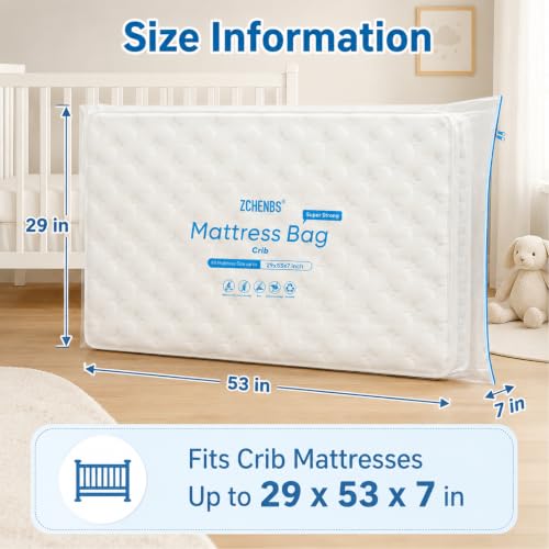 Image of ZCHENBS - Crib Mattress Bags for Moving, Waterproof Mattress Storage Bag with Zipper, Heavy-Duty 5 Mil Ultra-Thick Baby Bed Protector Bag Cover for Moving, Reusable (Transparent /Blue, 1 Pack)