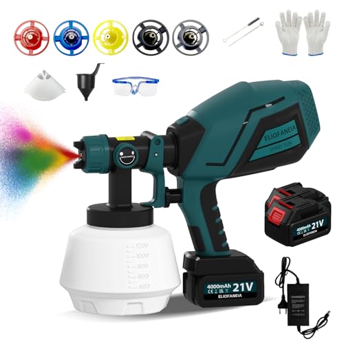 ELIOFANEIA Sistema de pulverización de pintura eléctrica de 21 V, 2 baterías de litio de 4000 mAh y cargador, pistola de pintura de 1200 ml con 5 boquillas, 3 patrones de pulverización para trabajos
