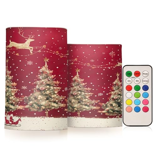 Image of Christmas Lights Flameless Candles Christmas Trees Reindeer Pillar Candles Set of 2 Battery Operated Remote Control Warm Lights Home Decor