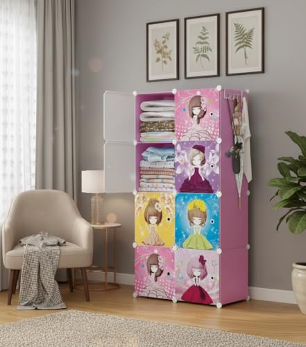 Image of KRISHYAM Kids Modular Storage Cabinet with Cartoon Princess Print Doors, 8 Cube Plastic Wardrobe Organizer, DIY Closet System with Hanging Rod, Toy & Clothes Storage (Baby Print, 8 Box)
