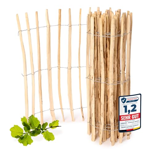 Garronda Gartenzaun zum Stecken aus Haselnüsse Zaun Garten Staketenzaun Beeteinfassung Holz Steckzaun Hochwertiger Gartenzaun für Ihren Garten GD-0079 (Lattenabstand: 7-8 cm, 120 cm x 500 cm)