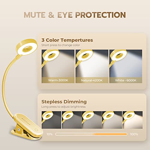 enclize Book Light for Reading in Bed,Rechargeable LED Reading Light with Stepless Brightness & 3 Color Temperature, Easy Clip On Reading Lamp for Reading at Night in Bed,Yellow - Thumbnail 3