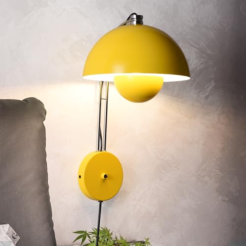 Image of Mid-Century Modern Bud Plug in Wall Sconces for Bedroom, Lemon Yellow | Indirect lighting reading wall lamp, all-metal construction, plug-in or hardwired install, fits bedroom bedside, living room